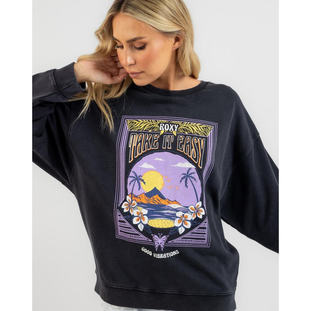 Roxy Take It Easy Good Vibrations Graphic Sweatshirt XS Cropped Beachy Boho